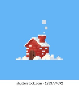 Pixel Little House With Snow.Christmas.8bit.