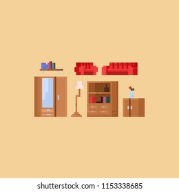 Pixel living room furniture elements set.8bit.