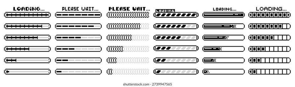 Pixel loader. Retro video game download process indicator, health meter, status level for arcade gaming dashboard. 80s vintage video game pixelated user interface elements. Vector isolated set.