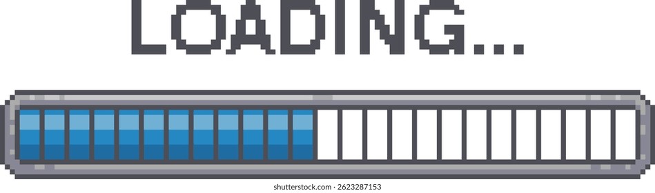 Barra de carregamento de pixels. Interface de jogo retro de 8 bits. Quadro de status do andamento do download.