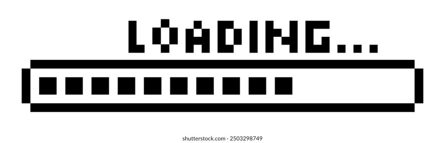 Pixel loading bar y2k retro 8 bit interface game, progress level, download status frame. Pixel title text Loading. Process indicator.