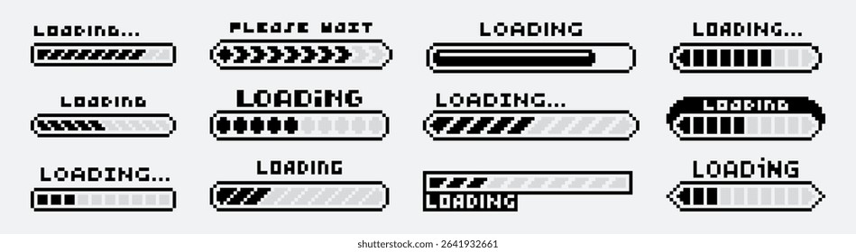 Pixel loading bars. Retro 8-bit progress indicators with "Loading" and "Please Wait" text in pixelated font. Game loading screens, progress bars and computer UI nostalgic elements vector set