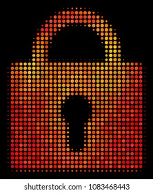 Pixel lock icon. Bright pictogram in hot color tints on a black background. Vector halftone mosaic of lock pictogram composed with spheric dots.