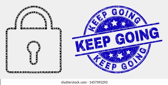 Pixel lock mosaic pictogram and Keep Going seal stamp. Blue vector round scratched stamp with Keep Going message. Vector composition in flat style. Black isolated lock mosaic of scattered circles,