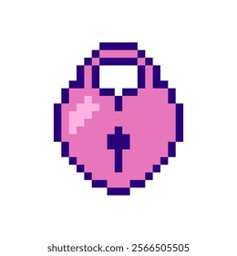 Pixel lock in the shape of heart. Vector icon for mobile game, web design, 8 bit romantic symbol, retro logo illustration.
