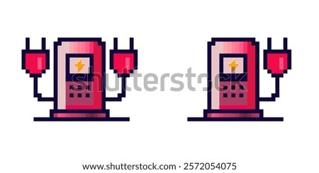 Pixel logo of a car charging station. Car charging with two plugs and with one. Fast charging for an electric car. Smart charging for a car. Ecological. Vector illustration.