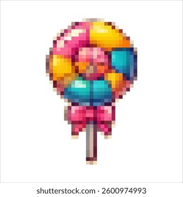 Pixel lollipops.Candy on a stick with a bow.Multicolored delicious sweets.Figured sugar crafts.Caramel on a stick.Children's joys.Retro lollipop icons.