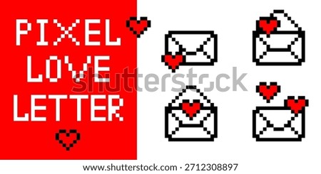 Pixel love letter envelope with red heart icon in retro videogame art style creating digital valentines mail concept for 8bit game graphics vector background and sweet celebration