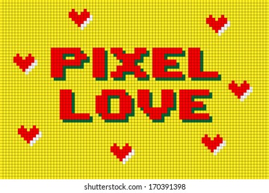 Pixel Love sign with pixel flying hears