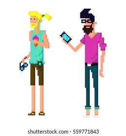 Pixel low poly hipster vector set. Isolated on white background.
Trendy fashion clothes and attributes: camera, ice cream smartphone sunglasses glasses bow tie, vest jeans, shorts. Mustache and beard.