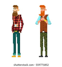 Pixel low poly hipster vector set. Isolated on white background.
Trendy fashion clothes and attributes: camera, ice cream smartphone sunglasses glasses bow tie, vest jeans, shorts. Mustache and beard.
