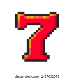 Pixel lucky number seven isolated on white background. Numeral 7 icon. Slot machine or video game item. Vector pixel art illustration in 8bit old style.