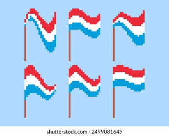 Pixel Luxembourg flag icon set isolated on white background. Waving flag of Luxembourg in 8-bit retro graphics style from the 80s. Design in pixel art style for banner and poster. Vector illustration