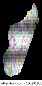 Pixel Madagascar Island map. Vector geographic map in smoothed irregular colors on a black background. Vector pattern of Madagascar Island map made of regular dots.