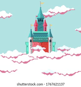 Pixel Magical Fairytale Castle Icon. Pixel Art 8 Bit. Old School Computer Graphic Style.