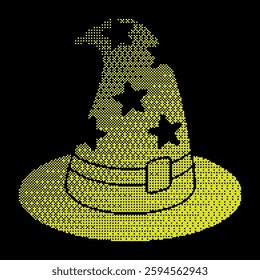 Pixel magician top hat silhouette icon. Wizard hat with star ornament. Pointed headdress of stargazer fortune teller. Simple black and yellow vector isolated on black