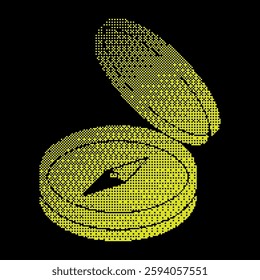 Pixel magnetic compass silhouette icon. Compass with arrow and scale. Travel, device for determining location and direction of tourist. Simple black and yellow vector isolated on black