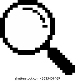 Pixel magnifying glass icon vector for zoom, search, or detail inspection. Ideal for retro data interface, search UI, and pixelated technology microstock illustrations.