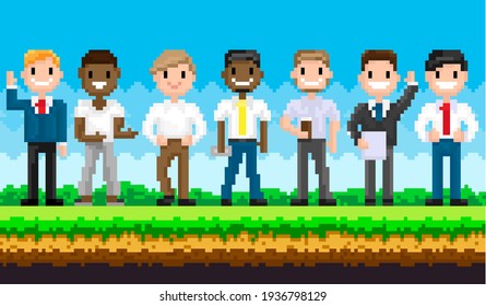 Pixel male characters for old game layout stand against background of nature landscape with blue sky