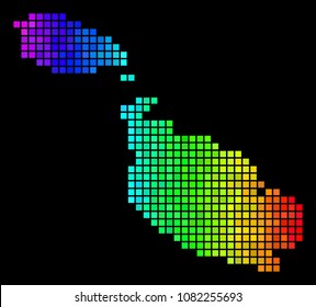 Pixel Malta Island Map. Vector territory plan in luminous rainbow color shades on a black background. Abstract Malta Island Map collage is organized of glossy small squares.