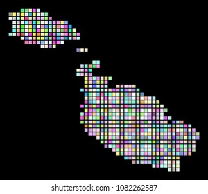 Pixel Malta Island Map. Vector geographic map in different colors on a black background. Vector concept of Malta Island Map designed with regular dots.