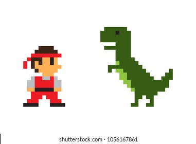 Pixel man and big Rex dinosaur vector poster isolated on white background, pixel predator animal with green skin, small man in red overall and bandage