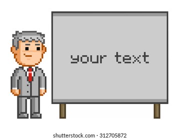 Pixel man and the board for text. Vector for business