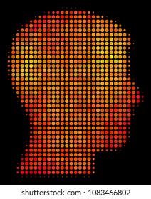 Pixel man head profile icon. Bright pictogram in fire orange color tones on a black background. Vector halftone concept of man head profile symbol designed from spheric pixels.