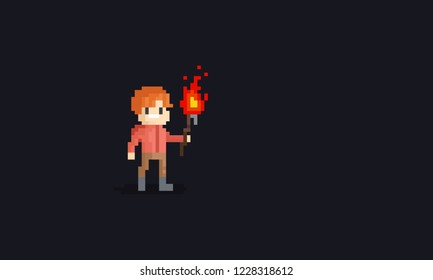 Pixel man holding a torch.8bit character.