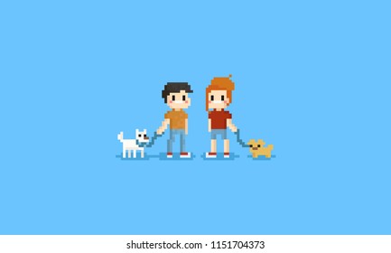 Pixel Man And Woman Holding Them Pet.pet Lover.8bit Character.