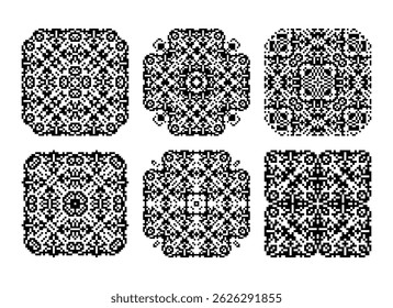Mandala de pixel definida. Padrão monocromático preto. Projeto de vetor plano.
