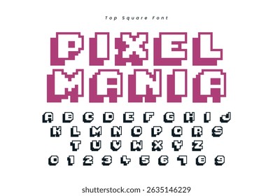 Pixel mania font in the Hibiscus color, trendy simple alphabet, bold letters and numbers made in mosaic style, vector illustration