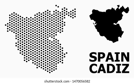 Pixel map of Cadiz Province composition and solid illustration. Vector map of Cadiz Province composition of sphere points with hexagonal geometric array on a white background.