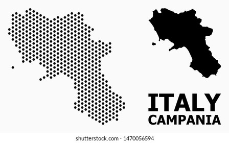 Pixel map of Campania region composition and solid illustration. Vector map of Campania region composition of sphere dots with honeycomb geometric order on a white background.