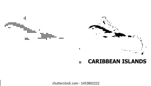 Pixel map of Caribbean Islands composition and solid illustration. Vector map of Caribbean Islands composition of round dots on a white background.