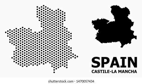 Pixel map of Castile-La Mancha Province composition and solid illustration. Vector map of Castile-La Mancha Province composition of circle pixels with honeycomb periodic array on a white background.