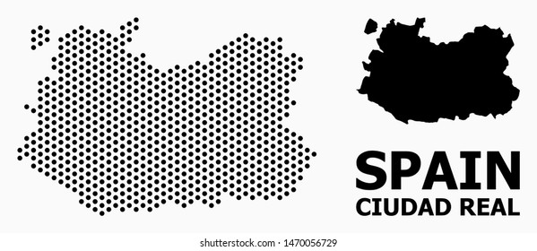 Pixel map of Ciudad Real Province mosaic and solid illustration. Vector map of Ciudad Real Province combination of sphere spots with honeycomb geometric array on a white background.