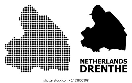 Pixel map of Drenthe Province collage and solid illustration. Vector map of Drenthe Province composition of round dots on a white background. Abstract flat geographic scheme for educational templates.