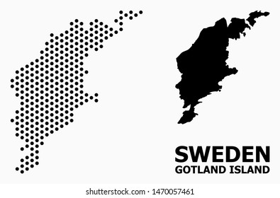 Pixel map of Gotland Island composition and solid illustration. Vector map of Gotland Island composition of round pixels with hexagonal periodic array on a white background.