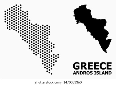 Pixel map of Greece - Andros Island composition and solid illustration. Vector map of Greece - Andros Island composition of circle dots with hexagonal periodic pattern on a white background.