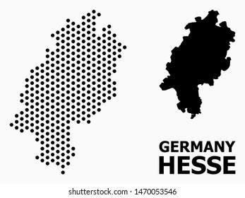 Pixel map of Hesse State composition and solid illustration. Vector map of Hesse State composition of spheric pixels with honeycomb geometric order on a white background.