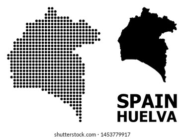Pixel map of Huelva Province composition and solid illustration. Vector map of Huelva Province composition of spheric points on a white background.