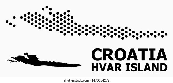 Pixel map of Hvar Island composition and solid illustration. Vector map of Hvar Island composition of circle dots with honeycomb geometric order on a white background.