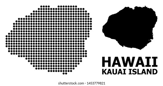 Pixel map of Kauai Island composition and solid illustration. Vector map of Kauai Island composition of spheric dots on a white background. Abstract flat territory plan for education templates.