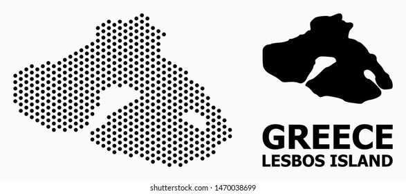 Pixel map of Lesbos Island collage and solid illustration. Vector map of Lesbos Island composition of spheric dots with hexagonal geometric pattern on a white background.