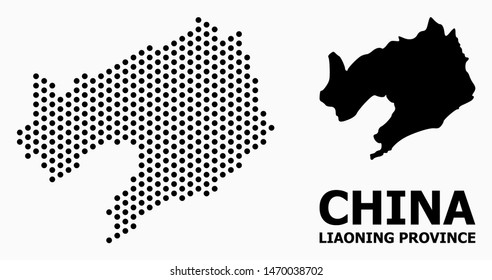 Pixel map of Liaoning Province composition and solid illustration. Vector map of Liaoning Province composition of circle elements with honeycomb periodic array on a white background.