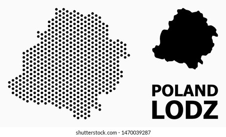 Pixel map of Lodz Province composition and solid illustration. Vector map of Lodz Province composition of round items with honeycomb periodic array on a white background.