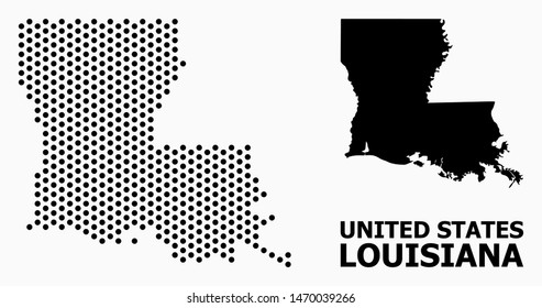 Pixel map of Louisiana State composition and solid illustration. Vector map of Louisiana State composition of circle points with honeycomb periodic array on a white background.