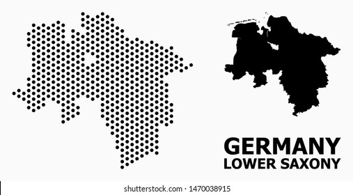 Pixel map of Lower Saxony State composition and solid illustration. Vector map of Lower Saxony State composition of round points with honeycomb periodic array on a white background.