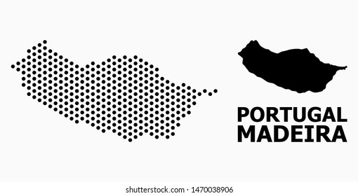 Pixel map of Madeira Island composition and solid illustration. Vector map of Madeira Island composition of circle points with hexagonal geometric array on a white background.